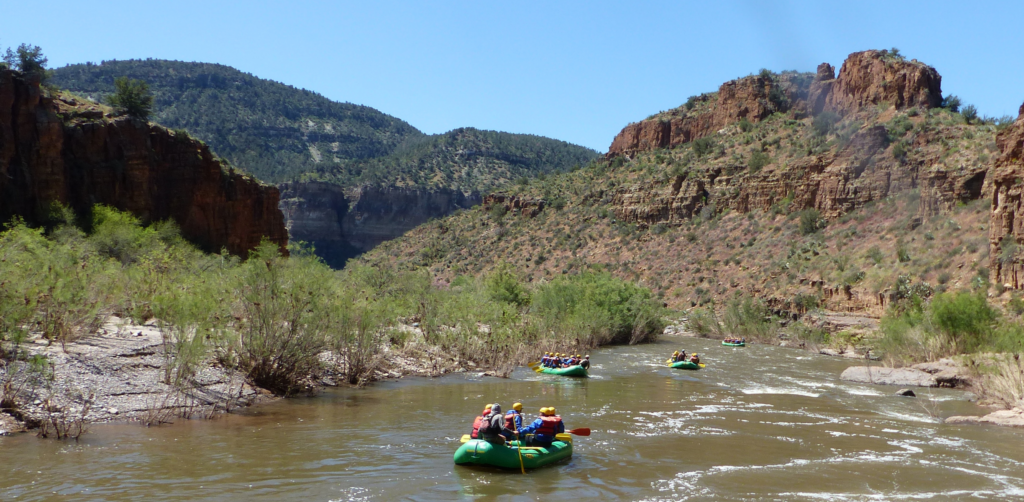 Three green boats float down the salt river in the desert