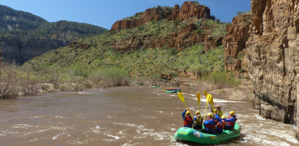 A green raft with people with yellow paddles on a half day salt river trip