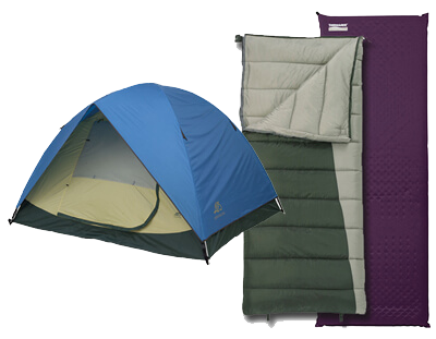a tent and two sleeping bags
