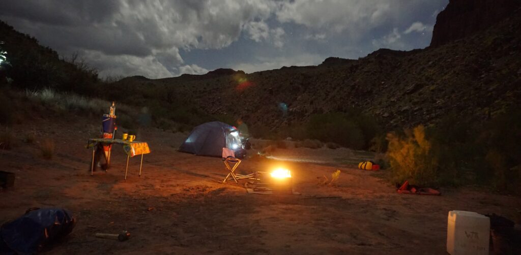 Tent and camp at dusk after multi-day salt river rafting