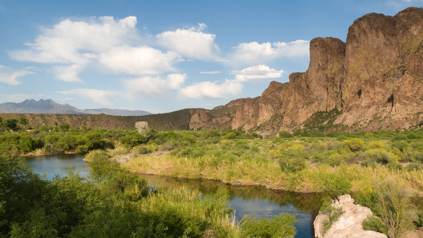 The Salt River in Arizona's desert flows through green landscape