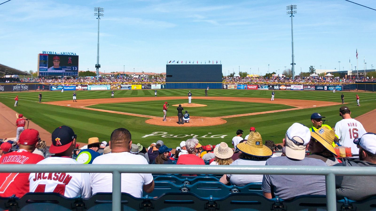 People sit in the stand of a baseball stadium during Spring training in Arizona