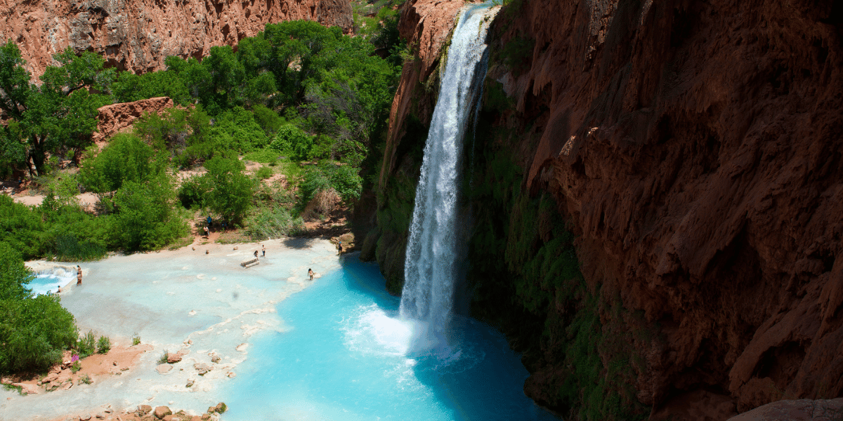 Aerial view of the waterfall at havasupai falls.