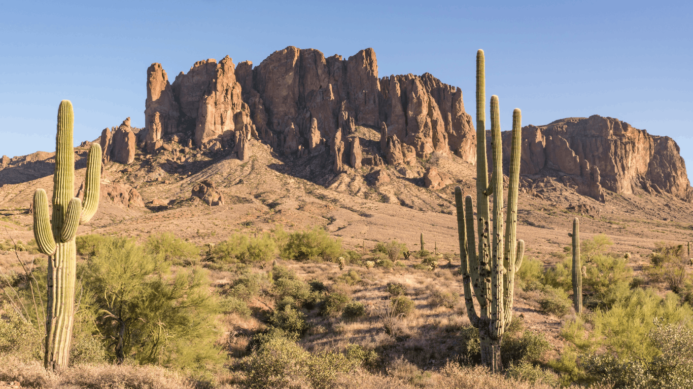 rock formations and cactus in the superstition mountains near phoenix